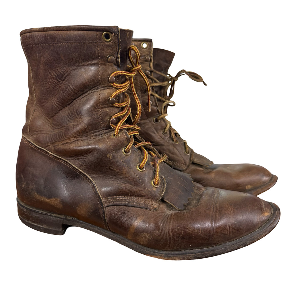 Justin Roper Lace Up Kiltie Brown Leather Work Boots Ankle Mens Shoes sz 10.5 EE